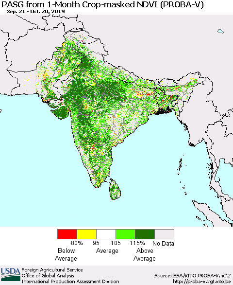 Southern Asia PASG from 1-Month Crop-masked NDVI (PROBA-V) Thematic Map For 10/11/2019 - 10/20/2019