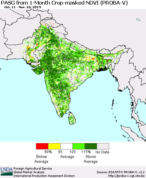 Southern Asia PASG from 1-Month Crop-masked NDVI (PROBA-V) Thematic Map For 11/1/2019 - 11/10/2019