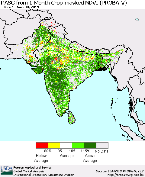 Southern Asia PASG from 1-Month Crop-masked NDVI (PROBA-V) Thematic Map For 11/21/2019 - 11/30/2019