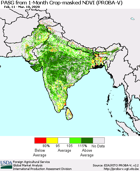 Southern Asia PASG from 1-Month Crop-masked NDVI (PROBA-V) Thematic Map For 3/1/2020 - 3/10/2020
