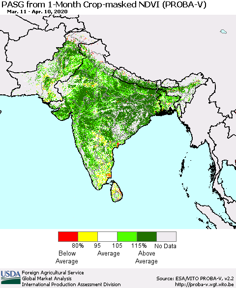 Southern Asia PASG from 1-Month Crop-masked NDVI (PROBA-V) Thematic Map For 4/1/2020 - 4/10/2020