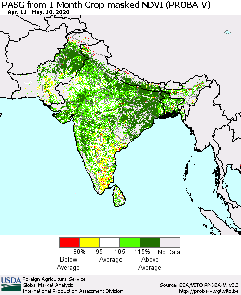 Southern Asia PASG from 1-Month Crop-masked NDVI (PROBA-V) Thematic Map For 5/1/2020 - 5/10/2020