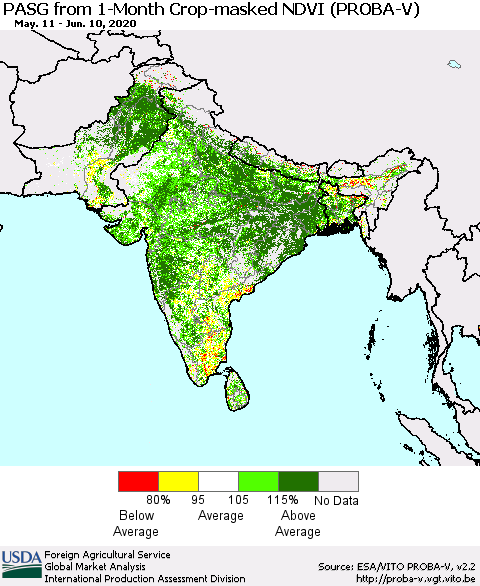 Southern Asia PASG from 1-Month Crop-masked NDVI (PROBA-V) Thematic Map For 6/1/2020 - 6/10/2020