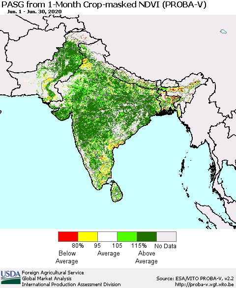 Southern Asia PASG from 1-Month Crop-masked NDVI (PROBA-V) Thematic Map For 6/21/2020 - 6/30/2020