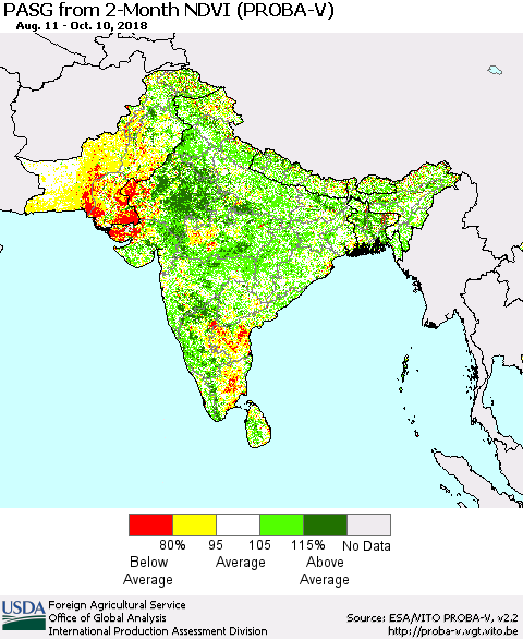 Southern Asia PASG from 2-Month NDVI (PROBA-V) Thematic Map For 10/1/2018 - 10/10/2018