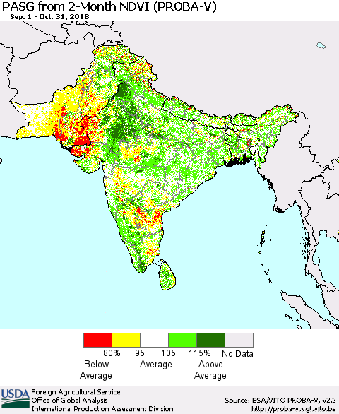 Southern Asia PASG from 2-Month NDVI (PROBA-V) Thematic Map For 10/21/2018 - 10/31/2018