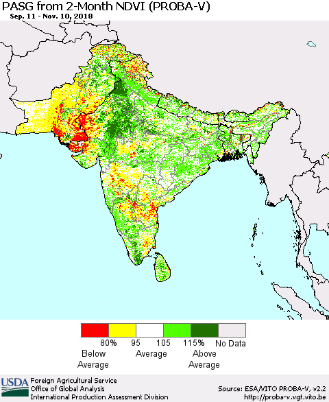 Southern Asia PASG from 2-Month NDVI (PROBA-V) Thematic Map For 11/1/2018 - 11/10/2018