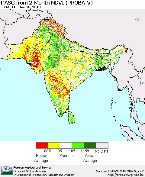 Southern Asia PASG from 2-Month NDVI (PROBA-V) Thematic Map For 12/1/2018 - 12/10/2018