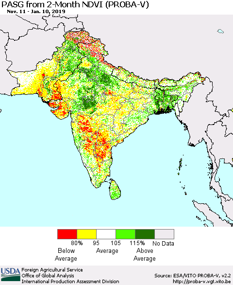Southern Asia PASG from 2-Month NDVI (PROBA-V) Thematic Map For 1/1/2019 - 1/10/2019