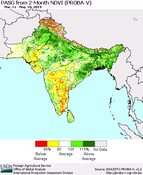 Southern Asia PASG from 2-Month NDVI (PROBA-V) Thematic Map For 5/1/2019 - 5/10/2019