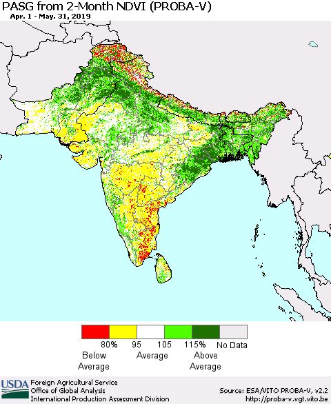 Southern Asia PASG from 2-Month NDVI (PROBA-V) Thematic Map For 5/21/2019 - 5/31/2019