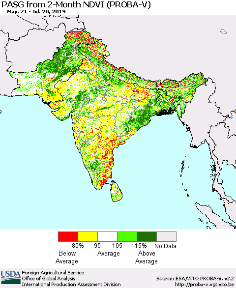 Southern Asia PASG from 2-Month NDVI (PROBA-V) Thematic Map For 7/11/2019 - 7/20/2019