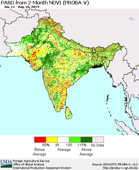 Southern Asia PASG from 2-Month NDVI (PROBA-V) Thematic Map For 8/1/2019 - 8/10/2019