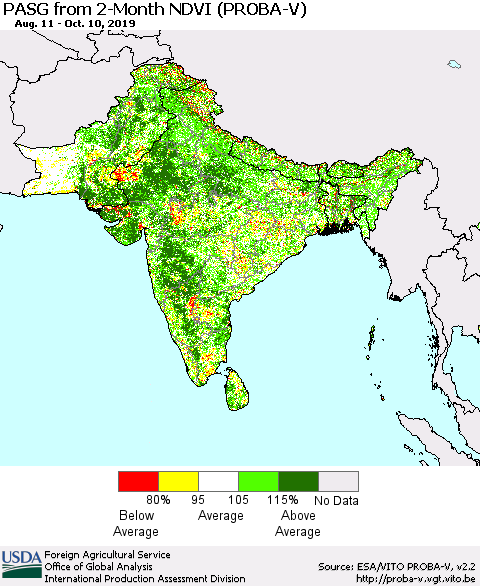 Southern Asia PASG from 2-Month NDVI (PROBA-V) Thematic Map For 10/1/2019 - 10/10/2019