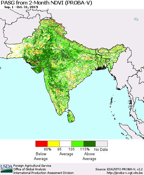 Southern Asia PASG from 2-Month NDVI (PROBA-V) Thematic Map For 10/21/2019 - 10/31/2019