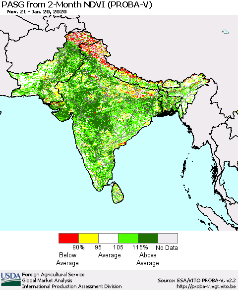 Southern Asia PASG from 2-Month NDVI (PROBA-V) Thematic Map For 1/11/2020 - 1/20/2020
