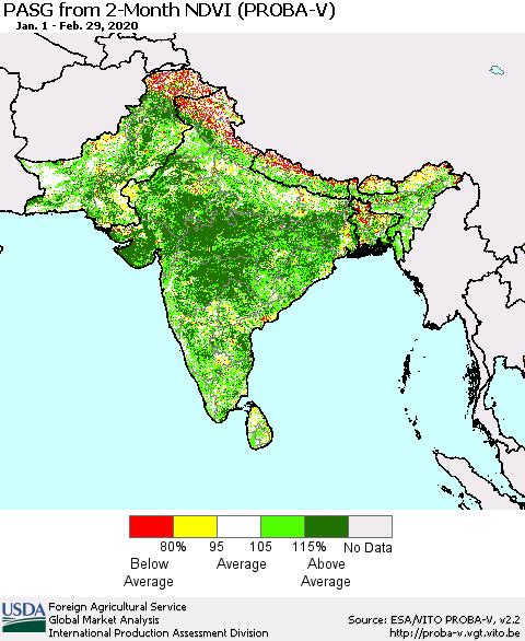 Southern Asia PASG from 2-Month NDVI (PROBA-V) Thematic Map For 2/21/2020 - 2/29/2020