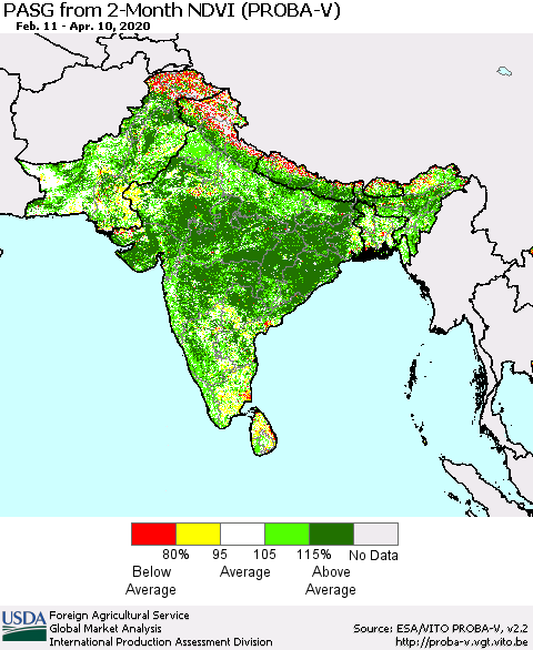 Southern Asia PASG from 2-Month NDVI (PROBA-V) Thematic Map For 4/1/2020 - 4/10/2020