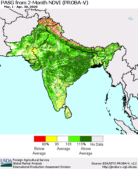 Southern Asia PASG from 2-Month NDVI (PROBA-V) Thematic Map For 4/21/2020 - 4/30/2020