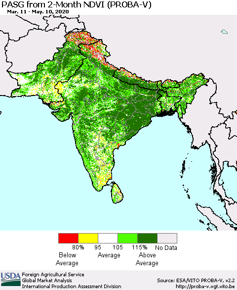 Southern Asia PASG from 2-Month NDVI (PROBA-V) Thematic Map For 5/1/2020 - 5/10/2020