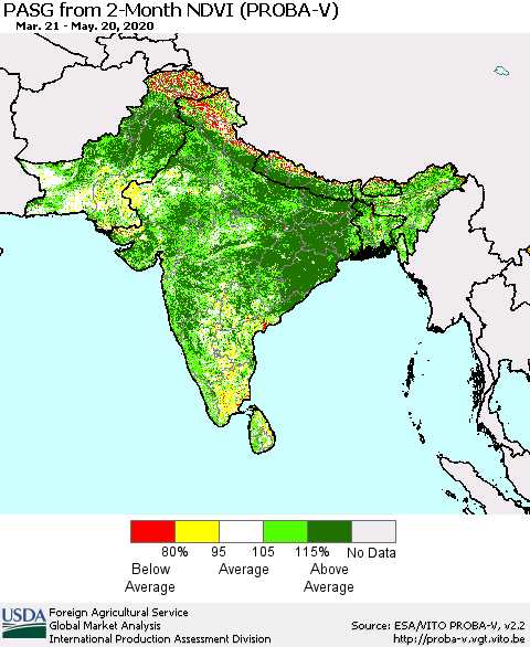 Southern Asia PASG from 2-Month NDVI (PROBA-V) Thematic Map For 5/11/2020 - 5/20/2020