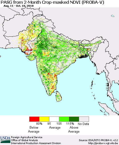Southern Asia PASG from 2-Month Crop-masked NDVI (PROBA-V) Thematic Map For 10/1/2018 - 10/10/2018