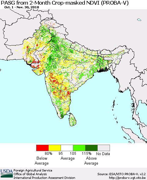 Southern Asia PASG from 2-Month Crop-masked NDVI (PROBA-V) Thematic Map For 11/21/2018 - 11/30/2018