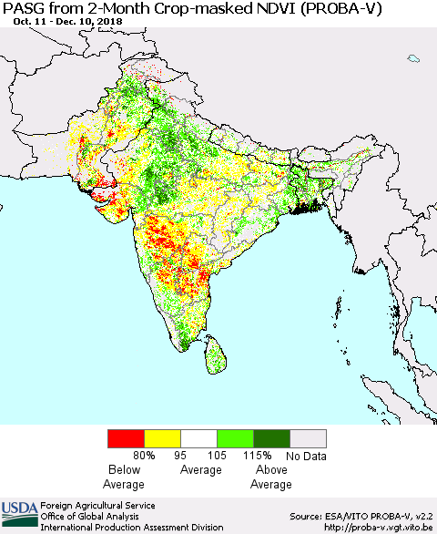 Southern Asia PASG from 2-Month Crop-masked NDVI (PROBA-V) Thematic Map For 12/1/2018 - 12/10/2018