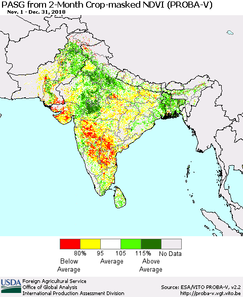 Southern Asia PASG from 2-Month Crop-masked NDVI (PROBA-V) Thematic Map For 12/21/2018 - 12/31/2018
