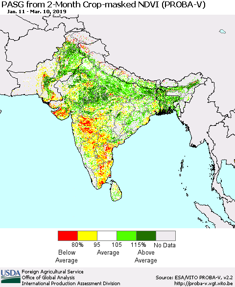 Southern Asia PASG from 2-Month Crop-masked NDVI (PROBA-V) Thematic Map For 3/1/2019 - 3/10/2019