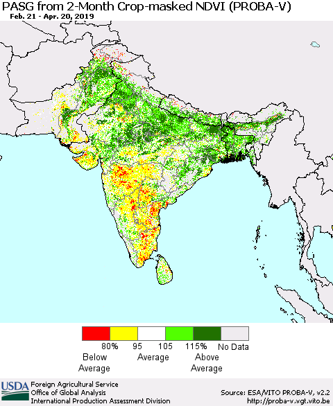 Southern Asia PASG from 2-Month Crop-masked NDVI (PROBA-V) Thematic Map For 4/11/2019 - 4/20/2019