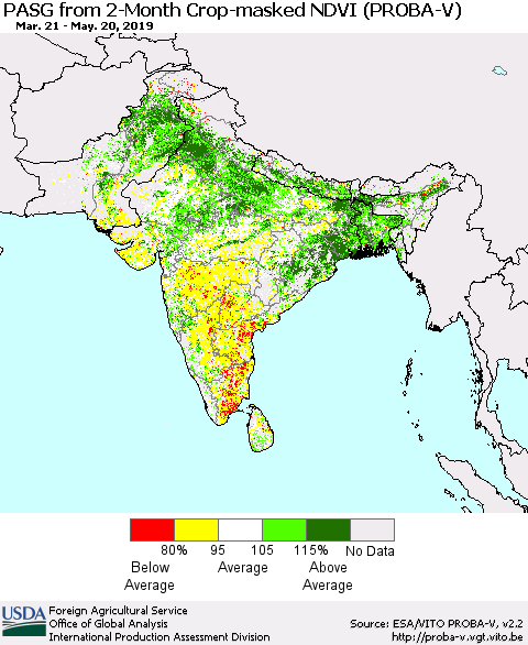 Southern Asia PASG from 2-Month Crop-masked NDVI (PROBA-V) Thematic Map For 5/11/2019 - 5/20/2019