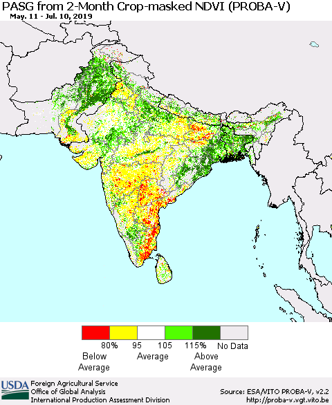Southern Asia PASG from 2-Month Crop-masked NDVI (PROBA-V) Thematic Map For 7/1/2019 - 7/10/2019