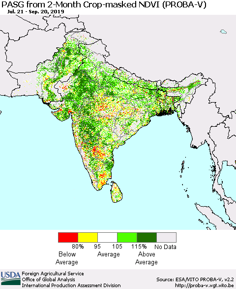 Southern Asia PASG from 2-Month Crop-masked NDVI (PROBA-V) Thematic Map For 9/11/2019 - 9/20/2019