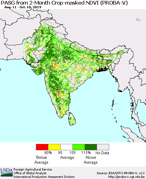 Southern Asia PASG from 2-Month Crop-masked NDVI (PROBA-V) Thematic Map For 10/1/2019 - 10/10/2019