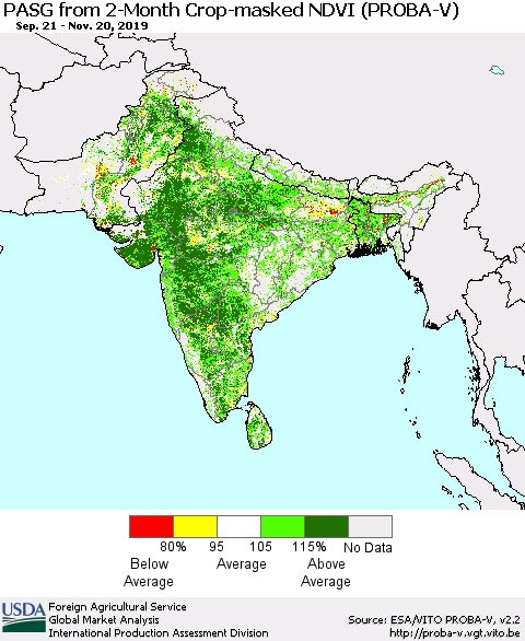 Southern Asia PASG from 2-Month Crop-masked NDVI (PROBA-V) Thematic Map For 11/11/2019 - 11/20/2019