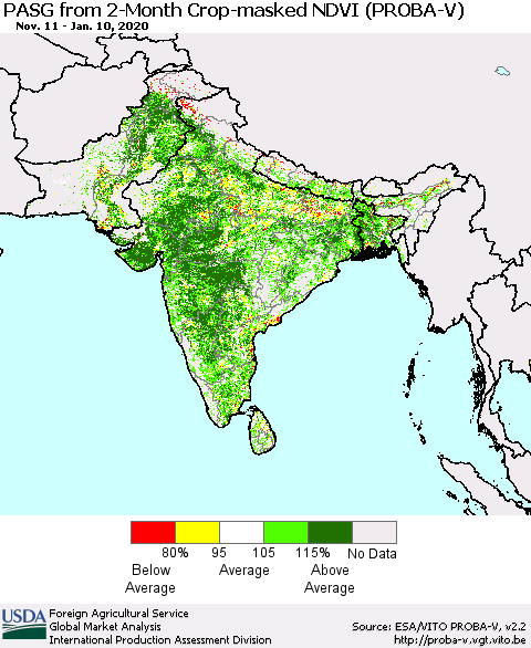 Southern Asia PASG from 2-Month Crop-masked NDVI (PROBA-V) Thematic Map For 1/1/2020 - 1/10/2020