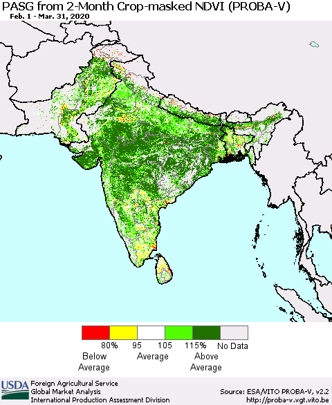 Southern Asia PASG from 2-Month Crop-masked NDVI (PROBA-V) Thematic Map For 3/21/2020 - 3/31/2020
