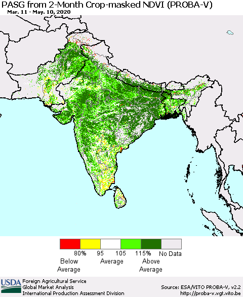 Southern Asia PASG from 2-Month Crop-masked NDVI (PROBA-V) Thematic Map For 5/1/2020 - 5/10/2020