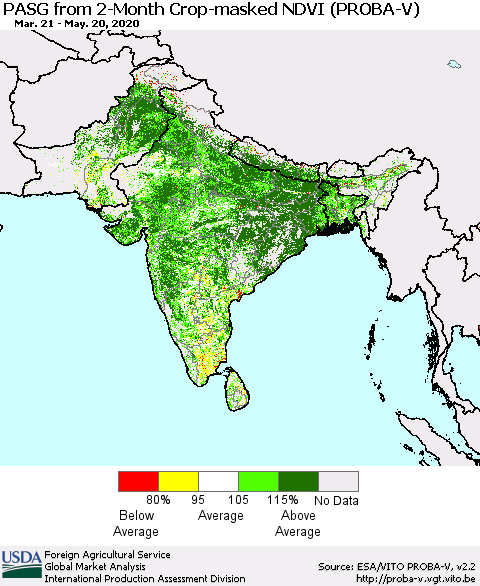 Southern Asia PASG from 2-Month Crop-masked NDVI (PROBA-V) Thematic Map For 5/11/2020 - 5/20/2020
