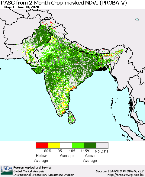 Southern Asia PASG from 2-Month Crop-masked NDVI (PROBA-V) Thematic Map For 6/21/2020 - 6/30/2020