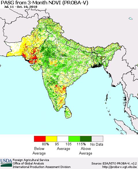 Southern Asia PASG from 3-Month NDVI (PROBA-V) Thematic Map For 10/1/2018 - 10/10/2018