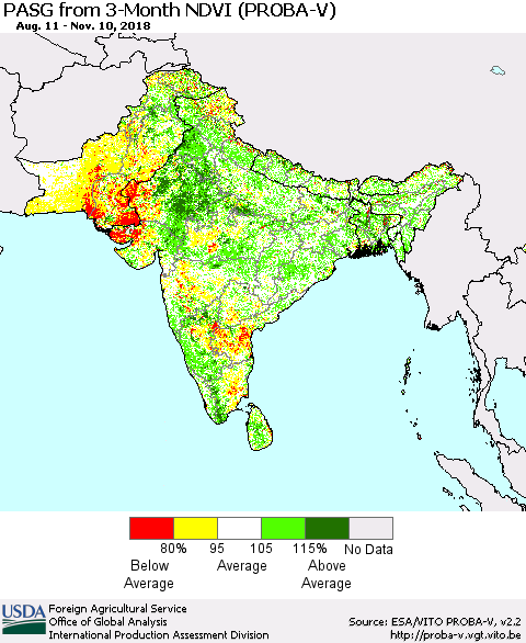 Southern Asia PASG from 3-Month NDVI (PROBA-V) Thematic Map For 11/1/2018 - 11/10/2018