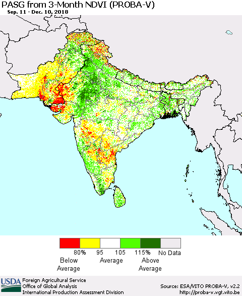Southern Asia PASG from 3-Month NDVI (PROBA-V) Thematic Map For 12/1/2018 - 12/10/2018