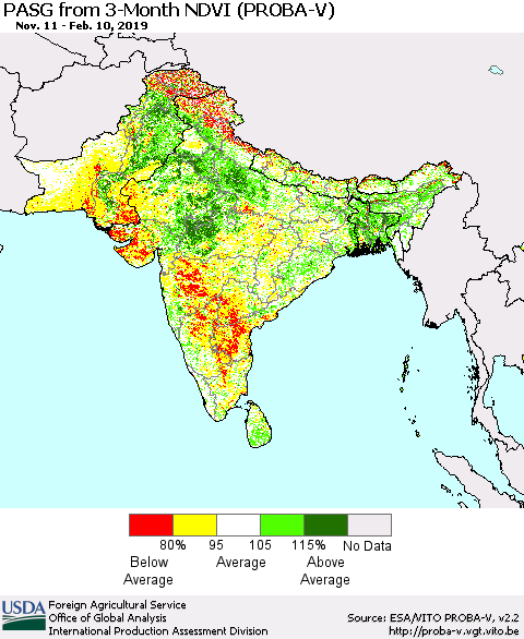 Southern Asia PASG from 3-Month NDVI (PROBA-V) Thematic Map For 2/1/2019 - 2/10/2019
