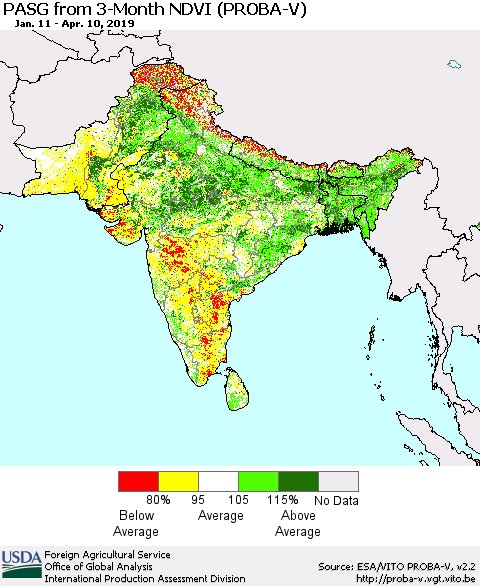 Southern Asia PASG from 3-Month NDVI (PROBA-V) Thematic Map For 4/1/2019 - 4/10/2019