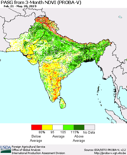 Southern Asia PASG from 3-Month NDVI (PROBA-V) Thematic Map For 5/11/2019 - 5/20/2019