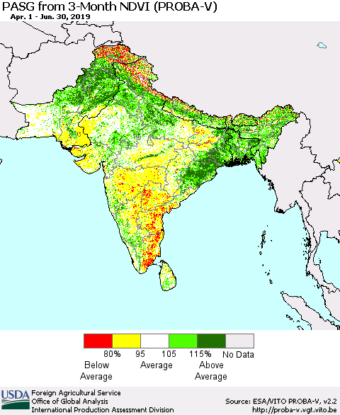 Southern Asia PASG from 3-Month NDVI (PROBA-V) Thematic Map For 6/21/2019 - 6/30/2019