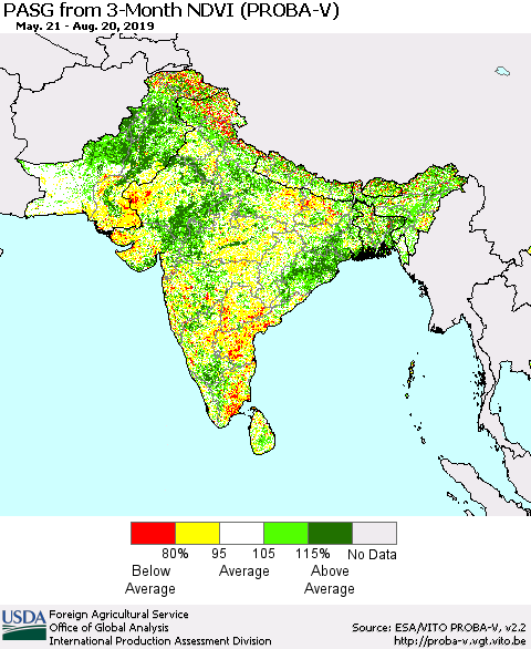 Southern Asia PASG from 3-Month NDVI (PROBA-V) Thematic Map For 8/11/2019 - 8/20/2019