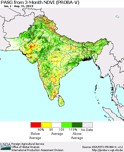 Southern Asia PASG from 3-Month NDVI (PROBA-V) Thematic Map For 8/21/2019 - 8/31/2019